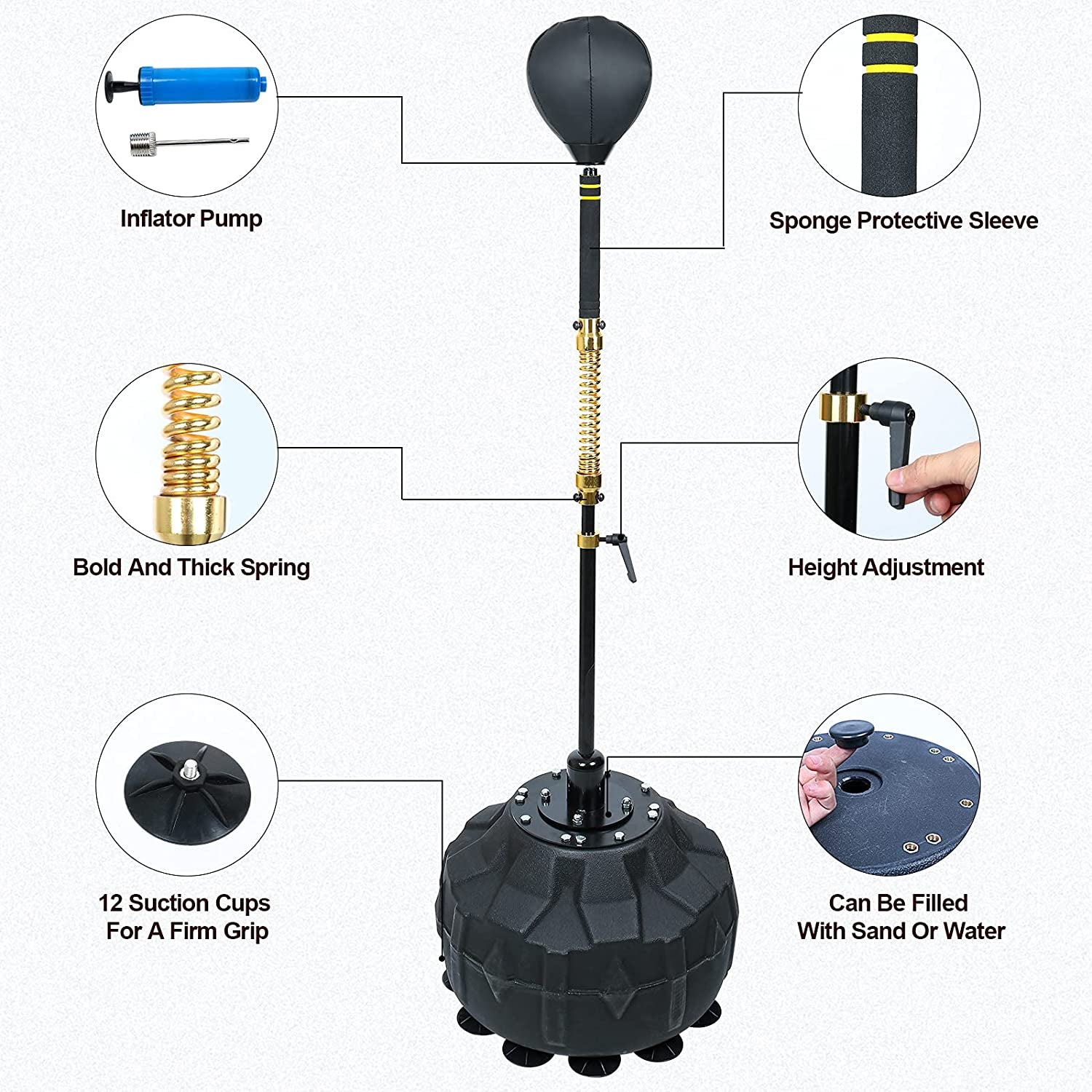 Heavy-Duty Adjustable Height Free-Standing Speed Bag for Boxing Skills Training (57" - 74.8")